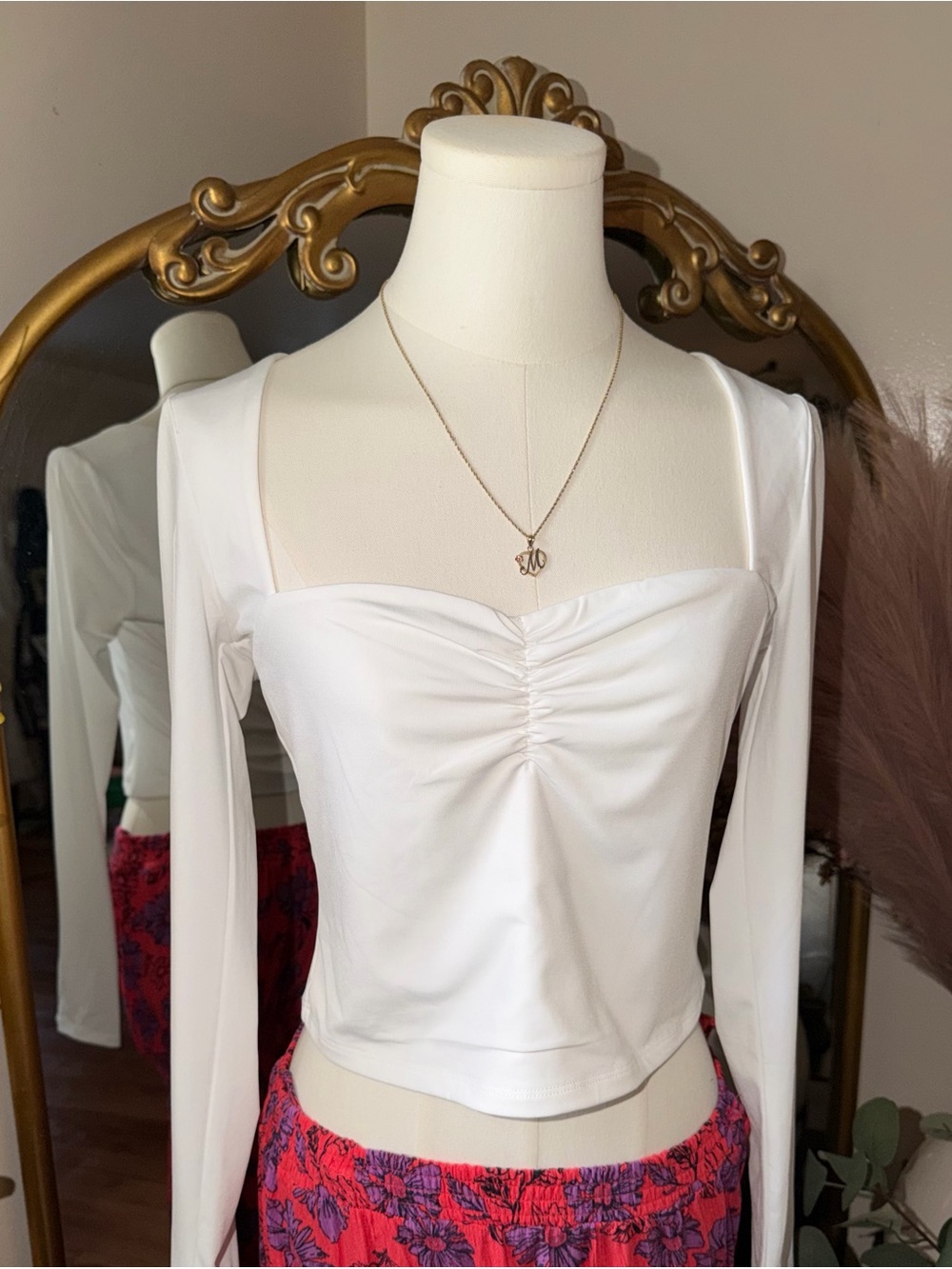 Garage White Long-Sleeve Ruched Square-Neck Crop Top